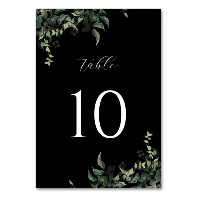 Black White Greenery Botanical Watercolor Bröllop Bordsnummer (Framsidan)