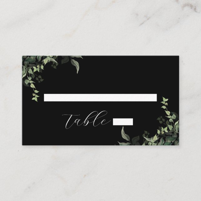 Black White Greenery Botanical Watercolor Bröllop Placeringskort (Framsida)