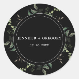 Black White Greenery Botanical Watercolor Bröllop Runt Klistermärke