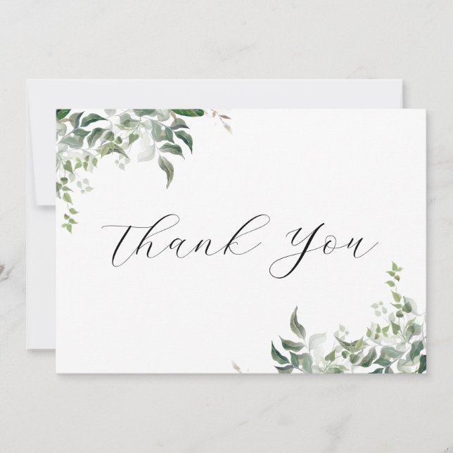 Black White Greenery Botanical Watercolor Bröllop Tack Kort (Framsida)