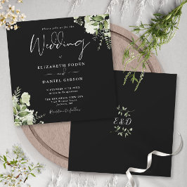 Black White Greenery Monogram Square Bröllop Inbjudningar