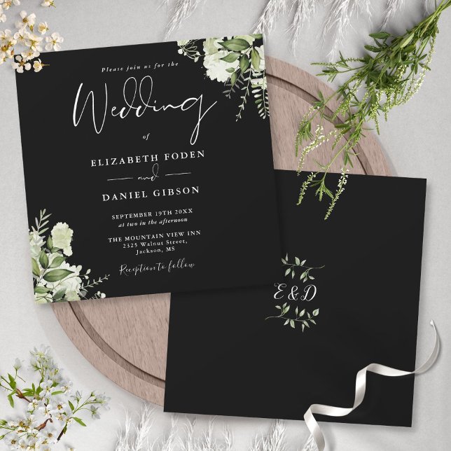 Black White Greenery Monogram Square Bröllop Inbjudningar (Skapare uppladdad)