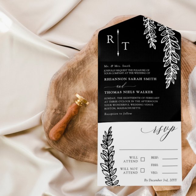 Black White Greenery Monogrammed Bröllop (Skapare uppladdad)