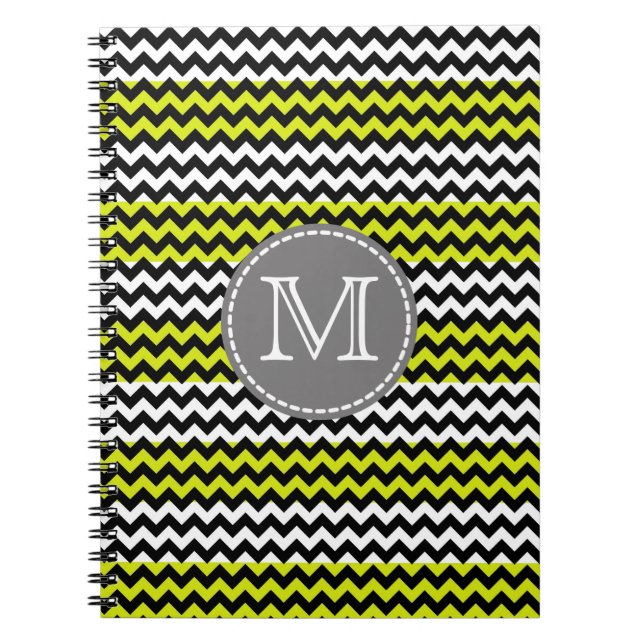 Black White Grönt Chevron Zigzag Monogram Anteckningsbok (Framsidan)