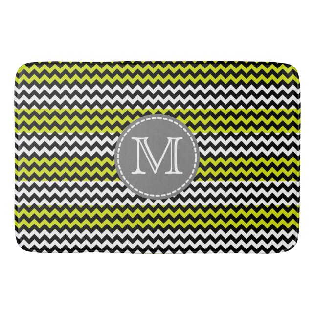 Black White Grönt Chevron Zigzag Monogram Badrumsmatta (Framsidan)