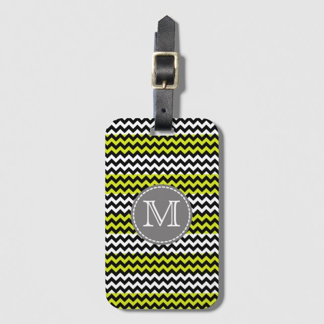 Black White Grönt Chevron Zigzag Monogram Bagagebricka (Framsida vertikal)