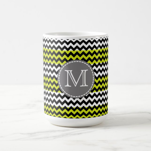 Black White Grönt Chevron Zigzag Monogram Kaffemugg (Center)