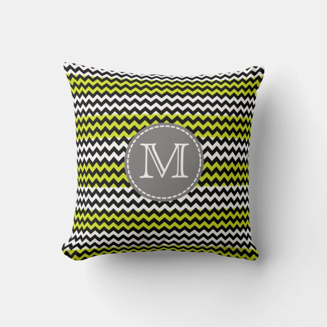 Black White Grönt Chevron Zigzag Monogram Kudde (Framsida)