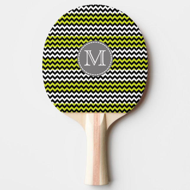 Black White Grönt Chevron Zigzag Monogram Pingisracket (Framsidan)