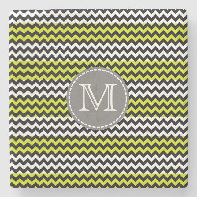 Black White Grönt Chevron Zigzag Monogram Stenunderlägg (Framsidan)