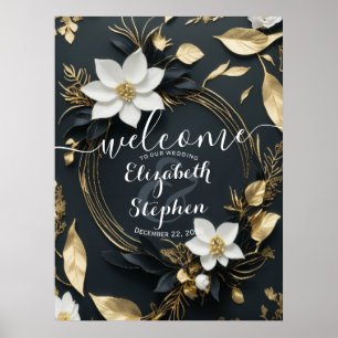 Black White Guld Blommigt Wandan Bröllop Välkommen Poster