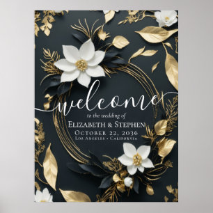 Black White Guld Blommigt Wandan Bröllop Välkommen Poster