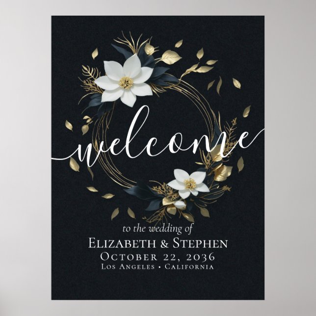 Black White Guld Blommigt Wandan Bröllop Välkommen Poster (Framsidan)