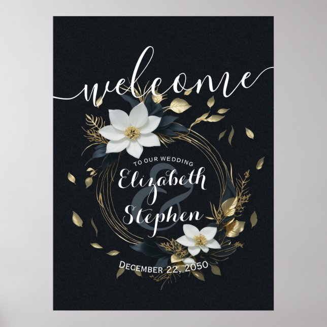 Black White Guld Blommigt Wandan Bröllop Välkommen Poster (Framsidan)