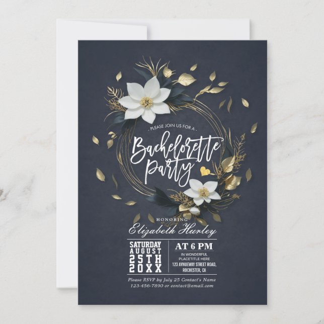 Black White Guld Blommigt Wandeine Bachelorette Pa Inbjudningar (Framsida)