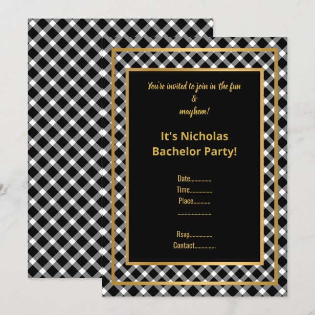 BLACK WHITE GULD CHECK BACHELOR PARTY INBJUDAN (Fram/baksida)