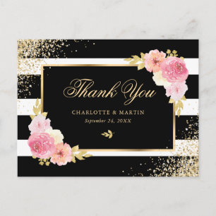 Black White Guld Confetti  Blommigt Tack Vykort