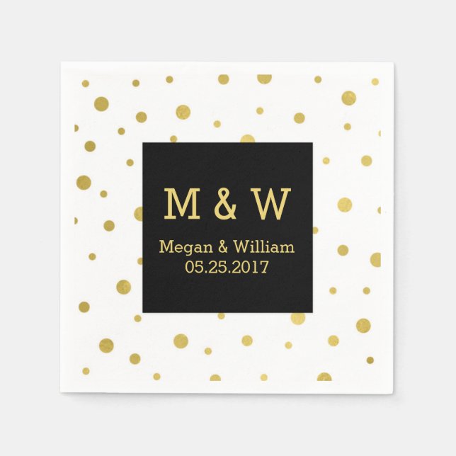 Black White Guld Confetti Bröllop Monogram Pappersservett (Framsidan)