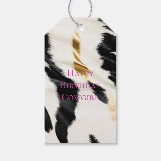 Black White Guld Cowhide Birthday Presentetikett (Framsidan)