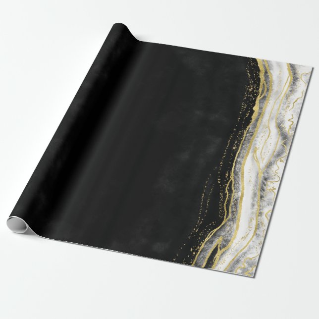 Black White & Guld Geode Agate Marble Bröllop Presentpapper (Utrullad)