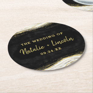 Black White & Guld Geode Agate Slice Monogram Underlägg Papper Rund