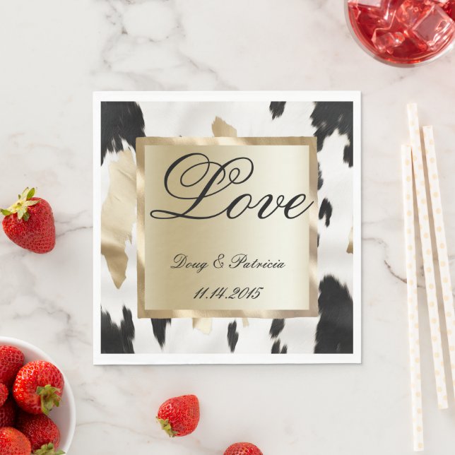 Black White Guld Glam Cowhide Southwest Bröllop Pappersservett (Insitu)