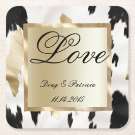 Black White Guld Glam Cowhide Southwest Bröllop Underlägg Papper Kvadrat