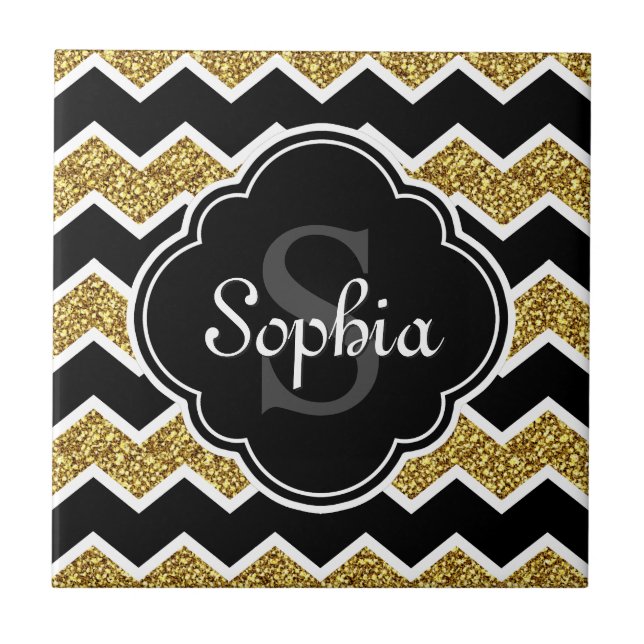 Black White Guld Glitter Chevron Mönster Kakelplatta (Framsidan)