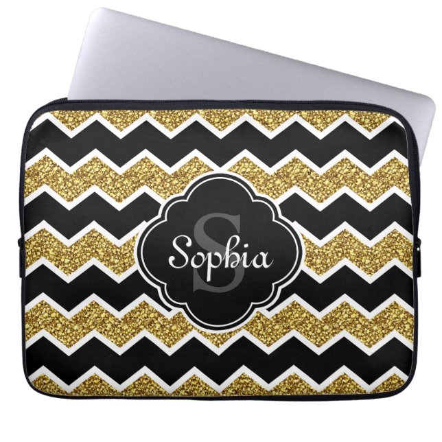 Black White Guld Glitter Chevron Mönster Laptop Fodral (Framsidan)