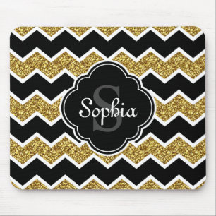 Black White Guld Glitter Chevron Mönster Musmatta