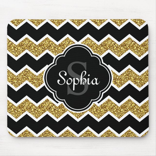 Black White Guld Glitter Chevron Mönster Musmatta (Framsidan)