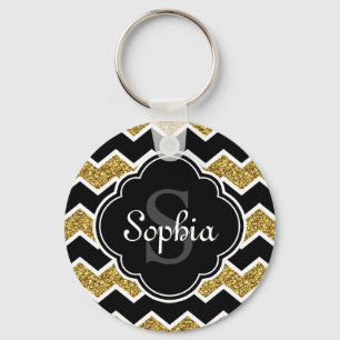 Black White Guld Glitter Chevron Mönster Nyckelring