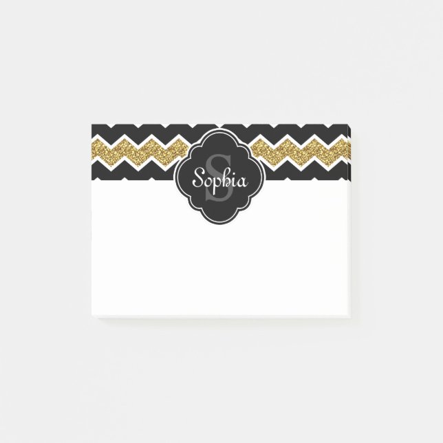 Black White Guld Glitter Chevron Mönster Post-it Block (Framsida)