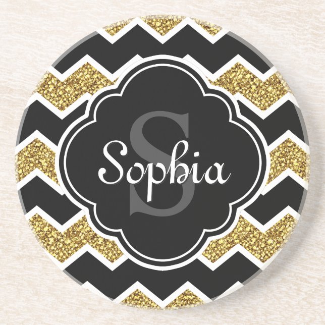 Black White Guld Glitter Chevron Mönster Underlägg (Framsidan)