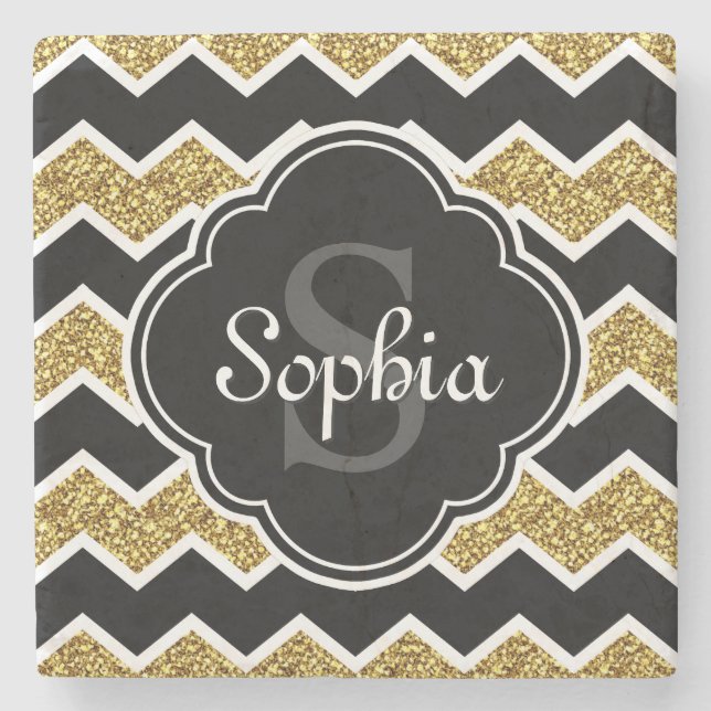 Black White Guld Glitter Chevron Mönster Underlägg Sten (Framsidan)