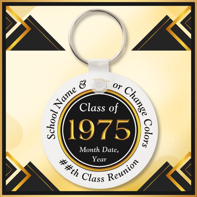 Black, White, Guld, klass 1975, klass Reunion Nyckelring (Class of 1975 Reunion. Personalized Class Reunion Keychains. Class of 75 ideas, party favors, gifts.)