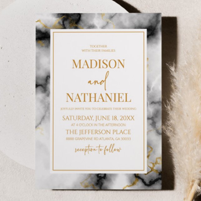 Black White Guld Marble Elegant bröllop Inbjudningar (Skapare uppladdad)