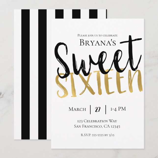 Black White Guld Modern Sweet 16 SXTEEN Party Inbjudningar (Fram/baksida)