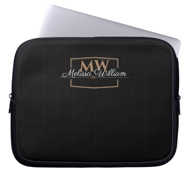 Black White Guld Monogram Namn Laptop Fodral (Framsidan)