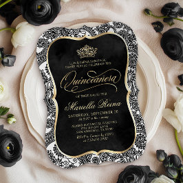 Black White Guld Quinceañera Inbjudningar