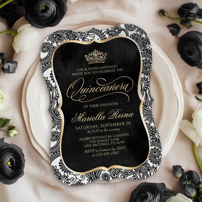 Black White Guld Quinceañera Inbjudningar (Skapare uppladdad)
