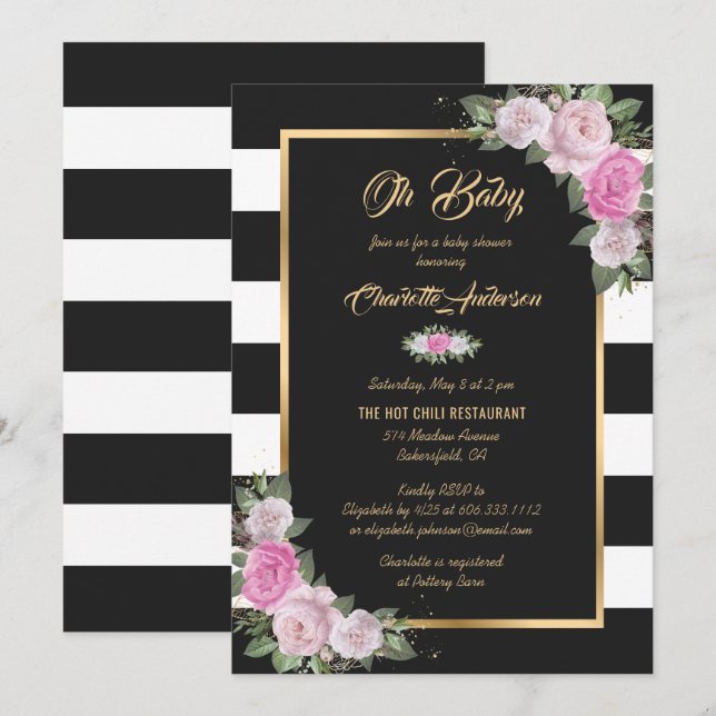 Black White Guld  Rosa Blommigt Baby Shower Inbjudningar (Fram/baksida)