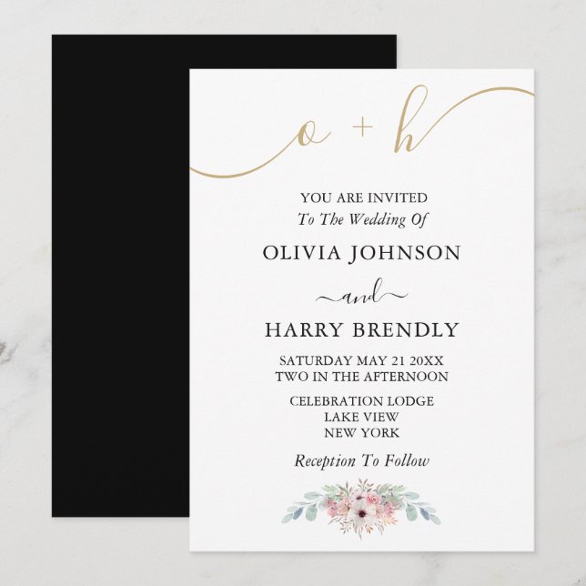Black White Guld Rustic Eucalyptus Wedding bjudand Inbjudningar (Fram/baksida)