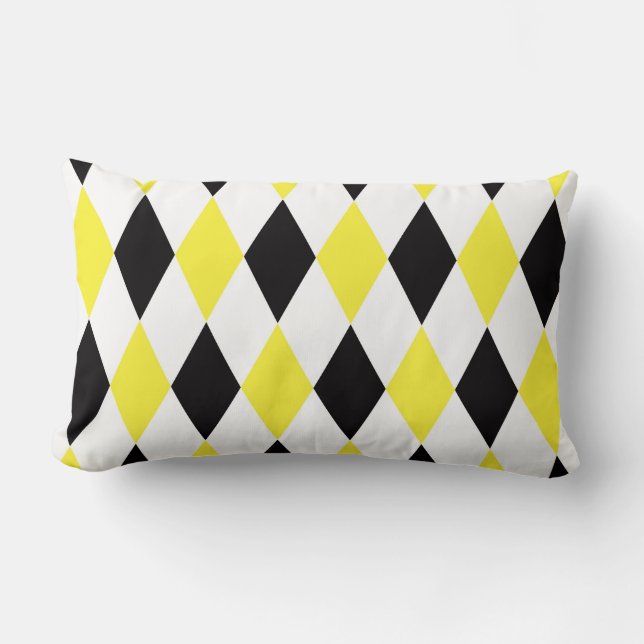 Black White Gult Harlequin Diamond Mönster Lumbarkudde (Framsida)