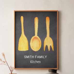 Black White Gult Kitchen Utensils Chalkboard Poster