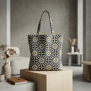 Black White & Gult Mosaic Geometric Mönster Tyg