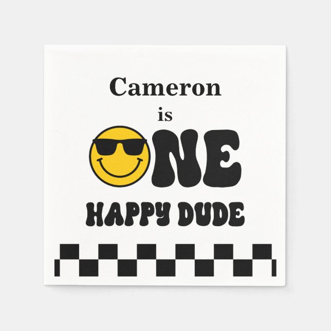 Black White Gult Vår lycklig-kille 1:a födelsedag Pappersservett (Framsidan)