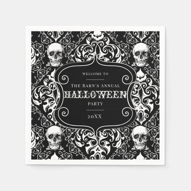 Black White Halloween Damask Skull Mönster Anpassn Pappersservett (Framsidan)