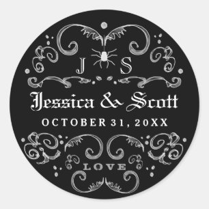 Black & White Halloween Gothic Bröllop Namn Datum Runt Klistermärke