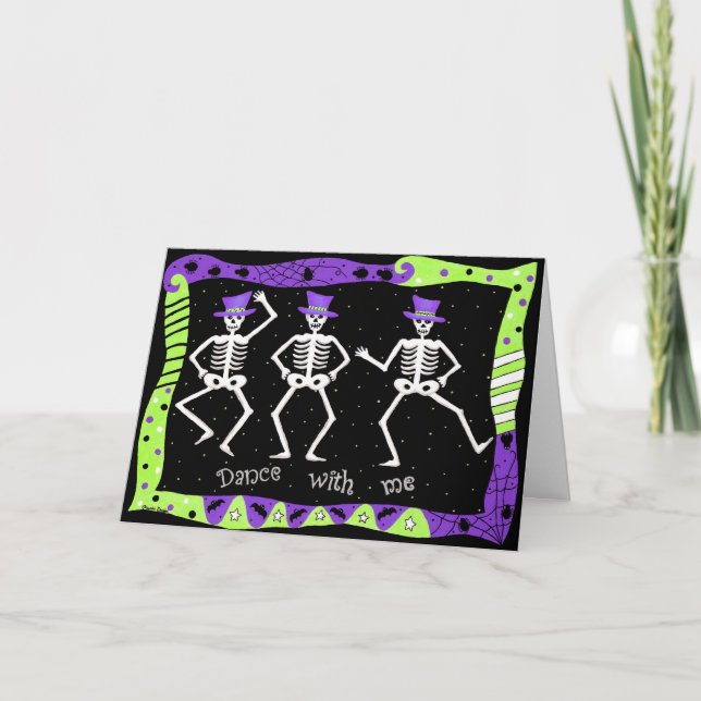 Black White Halloween Skeleton Bones Dance Kort (Framsida)